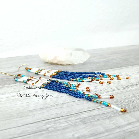 Beaded Fringe Dangle Earrings, Seed Bead Jewelry, Boho Chic Statement 5" - Picture 7 of 9